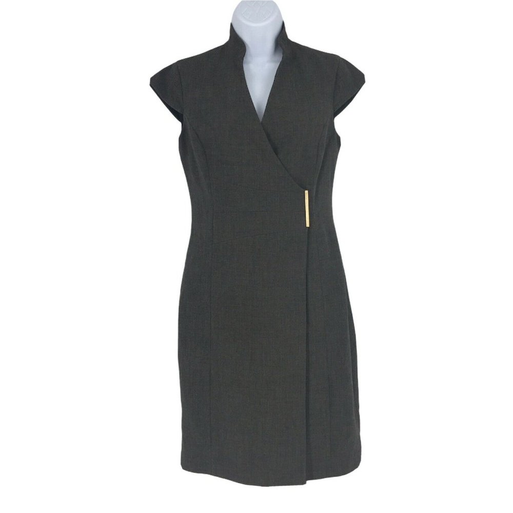 Calvin Klein Sheath Shift Wrap Dress Green Short Sleeve Tailored Slimming Sz 2